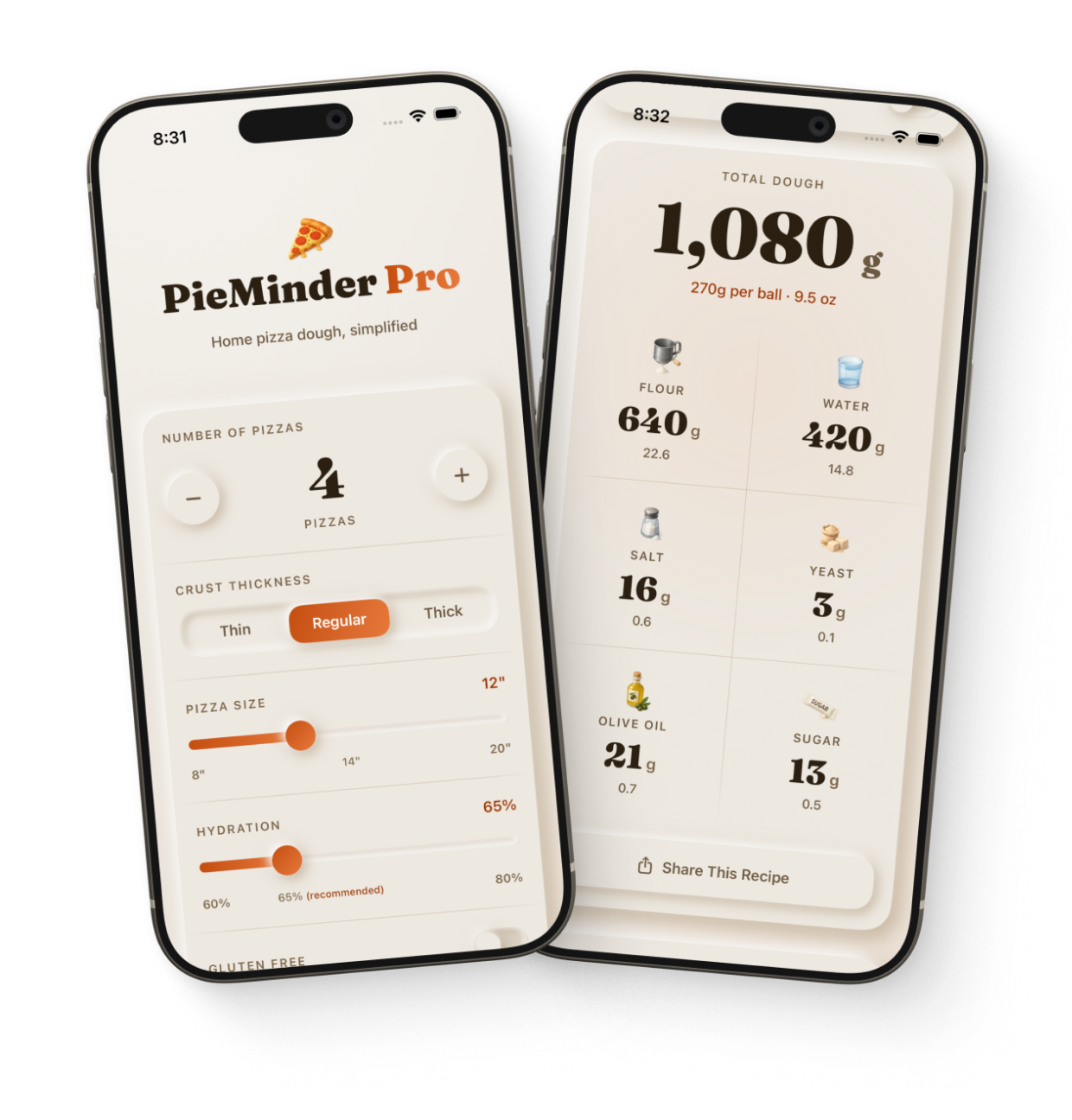 PieMinder calculator and ingredient screens